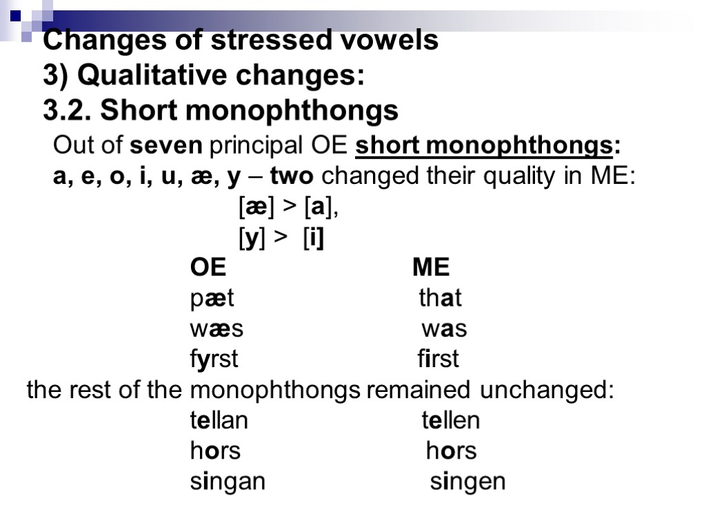 Changes of stressed vowels 3) Qualitative changes: 3.2. Short monophthongs Out of seven principal